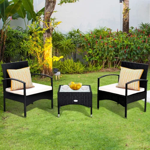Miniatura 2 de HAPPYGRILL Juego de muebles de patio de 3 piezas con mesa de centro de cristal y cojines suaves para balcón, jardín, piscina