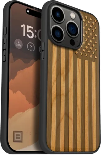 Miniatura 14 de Carveit Funda magnética de madera para iPhone 15 Pro, compatible con cargadores inalámbricos MagSafe, funda de TPU suave negro a prueba de golpes