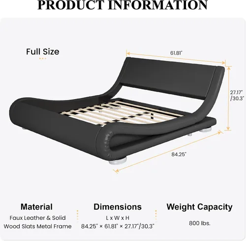 Miniatura 2 de SHA CERLIN Marco de Cama Tapizada Tamaño Full, Cama de Trineo de Perfil Bajo de Lujo con Cabecera Ergonómica de Piel Sintética, No Necesita Somier