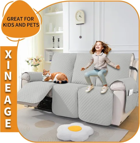 Miniatura 6 de XINEAGE Funda reclinable resistente al agua, fundas para sofá reclinable de 3 asientos con bolsillos, funda protectora acolchada gruesa para Gris