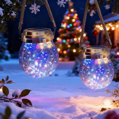 Miniatura 11 de Luces solares colgantes para exteriores, VGE Paquete de 2 luces de bola de vidrio agrietado con 30 LED decorativas, luces solares impermeables