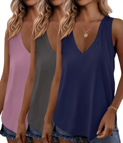 Miniatura 12 de KKJ Paquete de 3 camisetas sin mangas para mujer 2026 primavera verano vacaciones trajes cuello en V suelta sin mangas blusa casual camisas ropa
