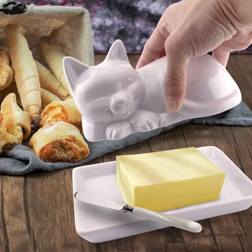 Miniatura 6 de Plato para mantequilla de cerámica adorable con gato - Accesorio de cocina único y versátil - Manera duradera y creativa de almacenar y servir