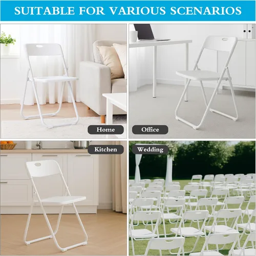 Miniatura 7 de Paquete de 10 sillas plegables de plástico blanco, asientos comerciales apilables portátiles para interiores y exteriores con marco de acero