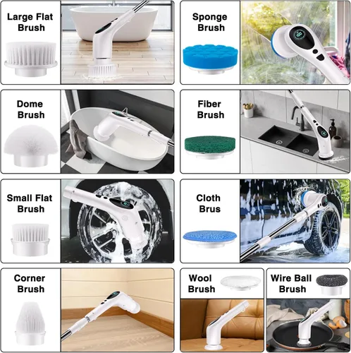 Miniatura 6 de Depurador eléctrico giratorio, limpiador eléctrico inalámbrico para bañera y azulejos con transmisión de voz de 3 velocidades 9 cabezales limpios
