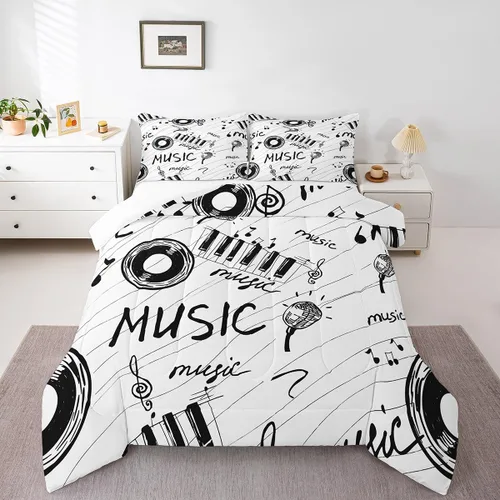 Miniatura 6 de Juego de edredón con temática musical, edredón de notas musicales en blanco y negro para niños y niñas, juego de ropa de cama musical