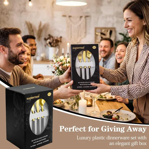 Miniatura 6 de Supernal 102 cubiertos de plástico dorados, cubiertos dorados con mango negro, colección de cubiertos desechables, incluye 34 tenedores de plástico