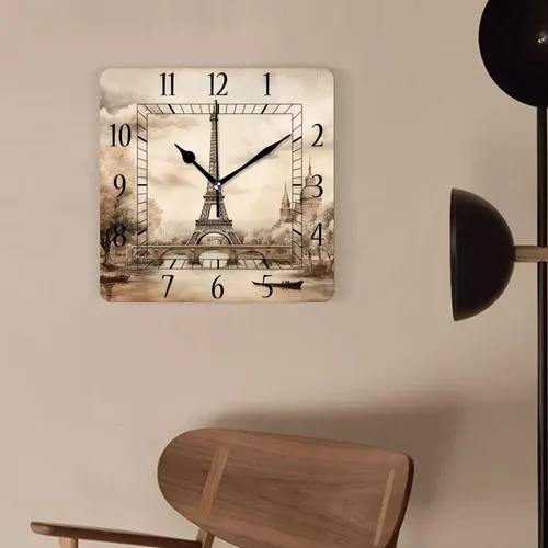 Miniatura 4 de Reloj de pared decorativo de 10 pulgadas, silencioso, cuadrado, para el hogar, sala de estar, cocina, torre Eiffel, retro, París, exquisito A0591