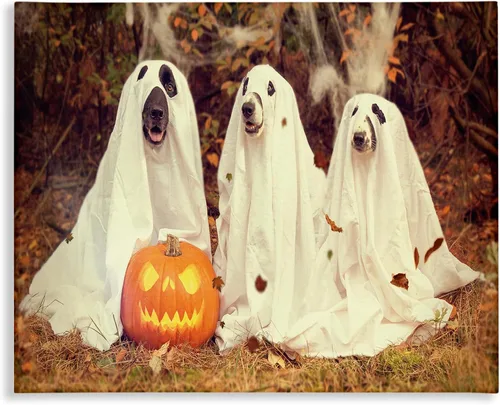Miniatura 6 de Stupell Industries Placa de pared vintage con diseño de calabaza y perros fantasmas, 13 x 19 pulgadas, diseño de la artista Daphne Polselli
