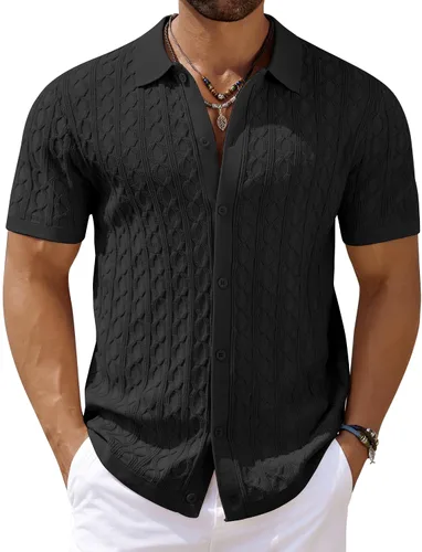COOFANDY - Polo de punto con botones para hombre, manga corta, estilo vintage, con botones, para uso casual, playa, crochet, cable, para vacaciones