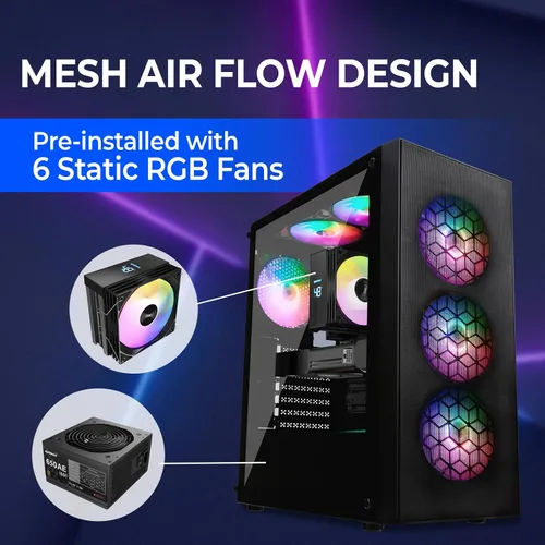 Miniatura 2 de RAIDMAX X921 Mesh Airflow ATX Mid Tower Funda para PC para juegos, 6 ventiladores de color RGB estáticos de 4.724 in preinstalados, panel lateral