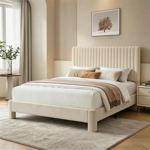 Miniatura 14 de Vipbear Base de cama de tamaño matrimonial con heaboard, marco de cama tapizado de terciopelo de lujo con soporte de listones de madera, bajo