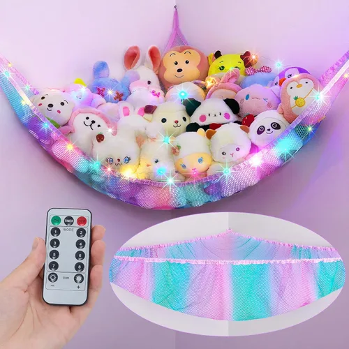 Unicorn Castle Hamaca de red para animales de peluche, almacenamiento de juguetes para niños con luz LED, organizador de juguetes de felpa para