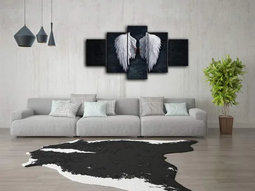 Miniatura 4 de Urttiiyy Lienzo decorativo de alas de ángel para pared, diseño de plumas de ángel en el suelo, pinturas en la pared, 5 paneles, carteles grandes