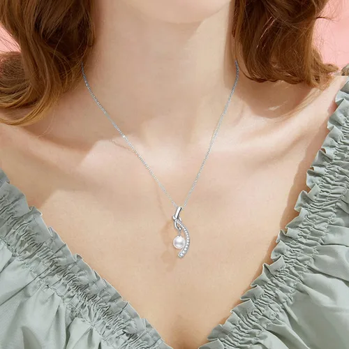 Miniatura 2 de Zoeniya Half Infinity - Collar con colgante de perlas cultivadas de agua dulce blanca auténtica de plata de ley s925 y circonita cúbica, diseño
