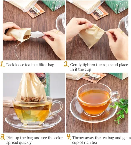 Miniatura 4 de Angooni 300 bolsas de filtro de té desechables con cordón 100% naturales y seguras bolsas de té de hojas sueltas vacías, capacidad de 1 taza