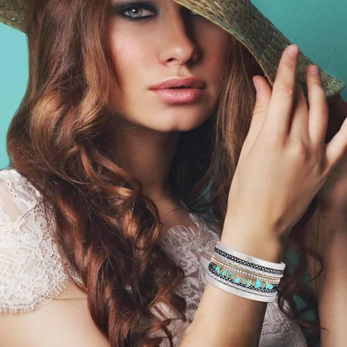 Miniatura 3 de HUASAI Pulsera bohemia de piel sintética para mujer, joyería de turquesa occidental multicapa