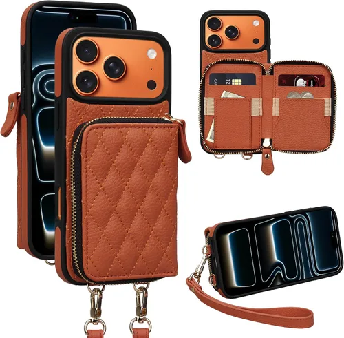 Miniatura 43 de Funda tipo cartera para iPhone 15 de 6.1 pulgadas, bolso cruzado con cremallera y correa para la muñeca con cordón para mujer, tarjetero con bloqueo