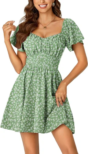 Miniatura 10 de Rooscier Minivestido acampanado de manga corta con volantes, cuello cuadrado, envolvente y espalda anudada para mujer
