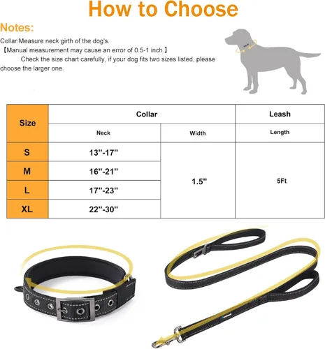 Miniatura 2 de Annchwool Juego de collar ajustable para perro y correa de 5 pies con hebilla de metal resistente, cómodo forro reflectante y doble asa para perros