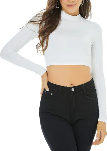 Miniatura 4 de LONGBIDA Camiseta corta de manga larga con cuello alto falso para mujer, suave, delgada, sexy, elástica