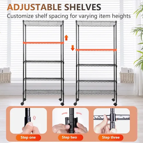 Miniatura 5 de FDW Estante de metal ajustable de 5 niveles con ruedas, capacidad de 250 libras, fácil montaje, ideal para espacios pequeños Negro