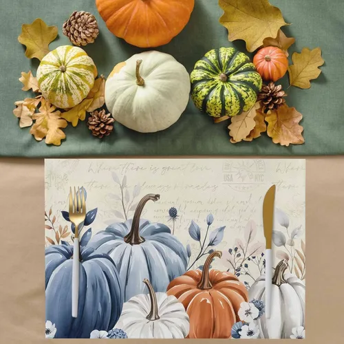 Miniatura 4 de Juego de 4 manteles individuales de otoño con diseño de calabaza azul, hojas florales, manteles individuales de otoño, lavables, cosecha, Acción
