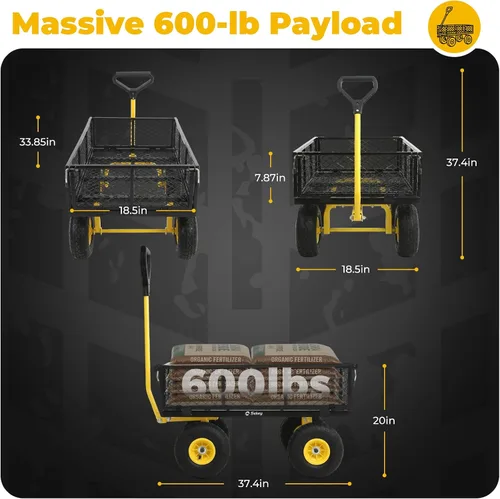 Miniatura 7 de Sekey Carrito de jardín de malla de acero de 600 libras para patio y patio trasero, carro utilitario con lados extraíbles (cama plana convertible)