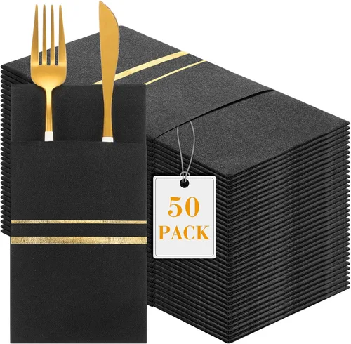 Roshtia Paquete de 50 servilletas desechables de lino con bolsillo integrado para cubiertos con ribete dorado, papel preplegado para bodas (negro,