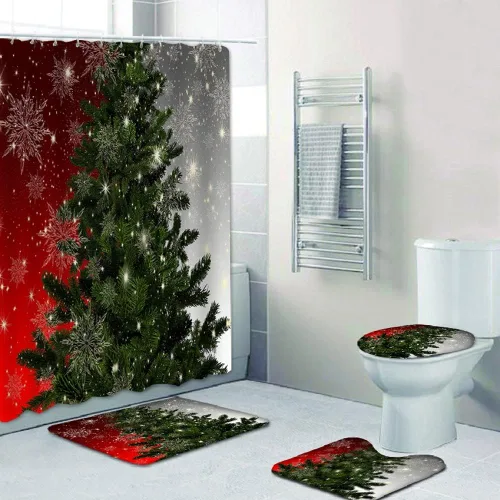 Miniatura 17 de Juego de 4 cortinas de ducha con alfombra antideslizante, cubierta para tapa de inodoro y tapete de baño, cortina de ducha de Papá Noel con 12
