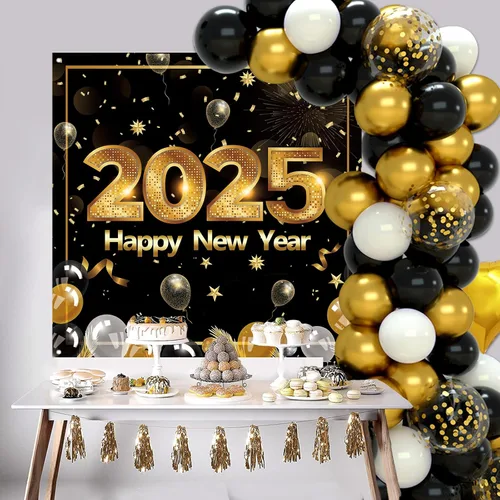 Miniatura 7 de Suministros para fiesta de Año Nuevo 2025, decoraciones de Año Nuevo, globos de confeti negro y dorado, kit de arco de guirnalda de globos de feliz