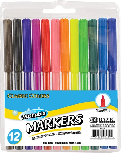BAZIC - Marcadores lavables de línea fina de 12 colores, marcador para colorear de punta fina, suministros escolares de arte Marcadorc no tóxicos,