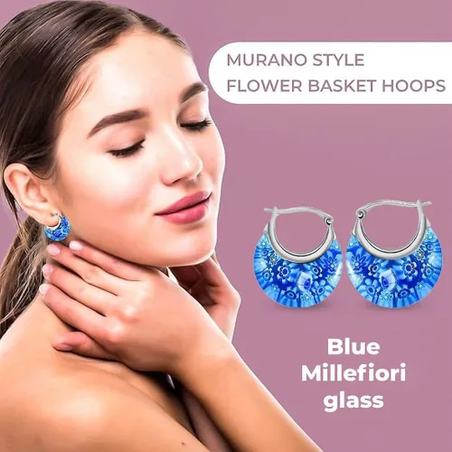 Miniatura 5 de Murano Style Glass Hoop Earrings for Women Trendy Daisy Flower Stainless Steel Dangle Fun Vibrant Colors Teacher Glass Jewelry Unique Birthday Gifts