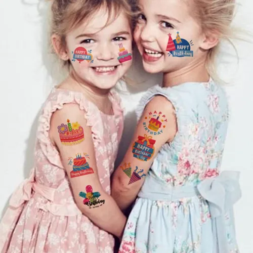 Miniatura 3 de CHARLENT Palitos de tatuaje de feliz cumpleaños con purpurina para niños, 74 hojas individuales, tatuajes temporales, regalos de cumpleaños
