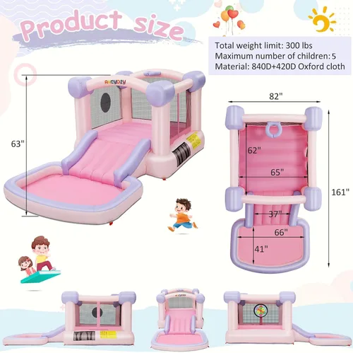Miniatura 3 de AKEYDIY Pastel Dream Casa de Rebote para Niños de 3-10, Casa de Rebote de Agua de 161x82x63 pulgadas con Tobogán, Piscina de Pelotas/Foso