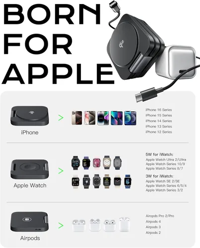 Miniatura 4 de Cargador de viaje 3 en 1 certificado Qi2 compatible con MagSafe, soporte de cargador inalámbrico plegable mejorado, estación de carga 3 en 1