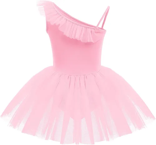 Miniatura 3 de IDOPIP Vestido de ballet de un hombro con volantes lentejuelas para niñas tutú con falda leotardo de bailarina disfraz para niños pequeños