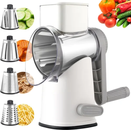Miniatura 12 de Weltonhm Ralladores rotativos de queso con 4 cuchillas, rallador de queso de manivela con rebanador de gofres, triturador de queso rojo, negro