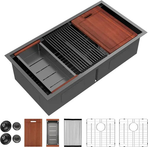 Miniatura 26 de Sarlai 28 Fregadero de cocina bajo encimera de doble tazón - Fregadero bajo encimera de acero inoxidable de 28x19 pulgadas de calibre 16, con repisa