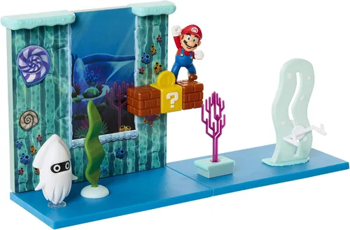 Super Mario Juego submarino con pieza ambiental interactiva, figura articulada de Mario de 2.5 pulgadas y figura de calamar Blooper. Colecciona y