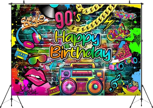Miniatura 2 de Telón de fondo de los años 90, hip pop, feliz cumpleaños, graffiti de los años 80, 90, fiesta de graffiti, retro, urbano, telón de fondo de neón