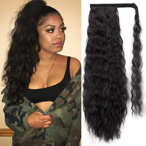Miniatura 14 de Extensión de cola de caballo ondulada larga con pegamento mágico, resistente al calor, sintética, para envolver, cabello ondulado, para mujer