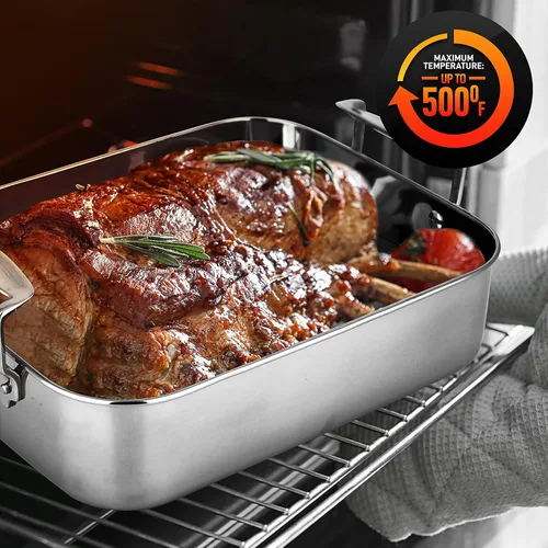 Miniatura 5 de NutriChef Asador de cocina de acero inoxidable de 14 pulgadas con rejilla de alambre pulido, versátil juego de hornear para pavo, pollo, carnes