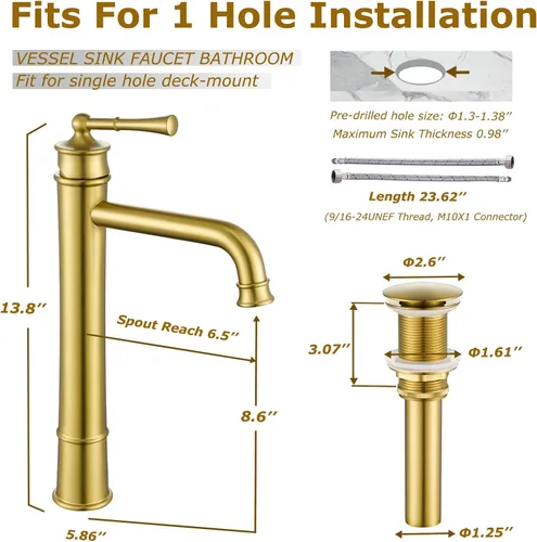 Miniatura 4 de Grifo de fregadero de níquel cepillado dorado alto para lavabo de baño, montaje en cubierta, de una sola manija, con un agujero, grifo de lavabo