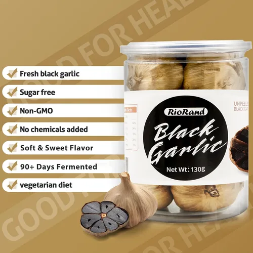 Miniatura 6 de RioRand Ajo negro 130g Ajo negro entero envejecido para 90 días completos Frasco de ajo negro 0.28 libras