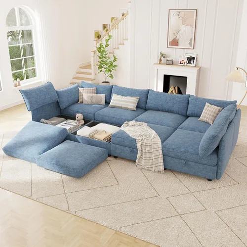 Miniatura 19 de 95.5" Sofá seccional modular de chenilla con almacenamiento oculto, sofá cama convertible en forma de L y U, sofá seccional moderno de 6 plazas
