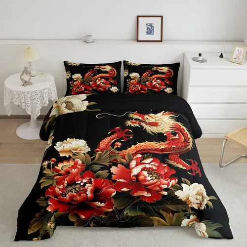 Miniatura 15 de Manfei Juego de edredón de flor de cerezo para niños, tamaño individual, juego de ropa de cama de animales salvajes con grúa Ukiyo-e japonés