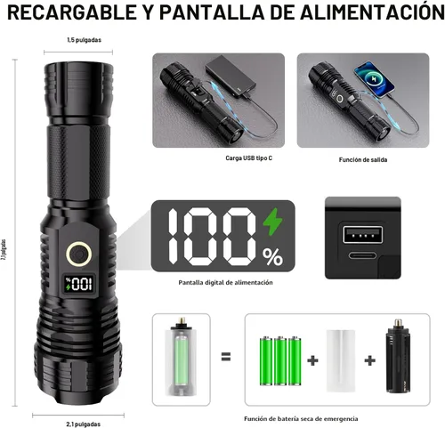 Miniatura 3 de Linternas recargables de alto lúmenes, 10000 lm LED súper brillante, linternas con zoom con pantalla digital LCD, 5 modos, impermeable, potente Negro