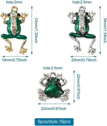 Miniatura 6 de KISSITTY 18 unids/caja de dijes de rana esmaltada con diamantes de imitación de rana verde, 3 estilos de dijes de animales de metal
