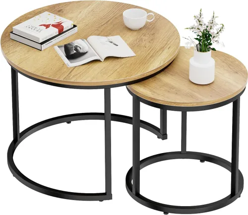 Miniatura 9 de Smuxee - Juego de 2 mesas de café anidadas, mesa redonda de café de 23.6" de madera marrón con pies antideslizantes ajustables, mesa auxiliar